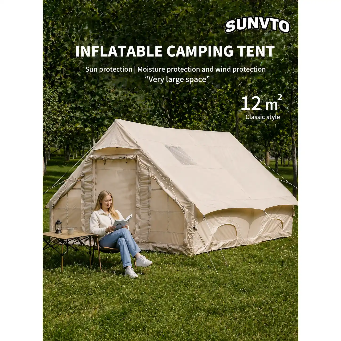 12M² Double-Door Inflatable Camping Tent with Two Small Skylights & Chimney Opening - 图片 2
