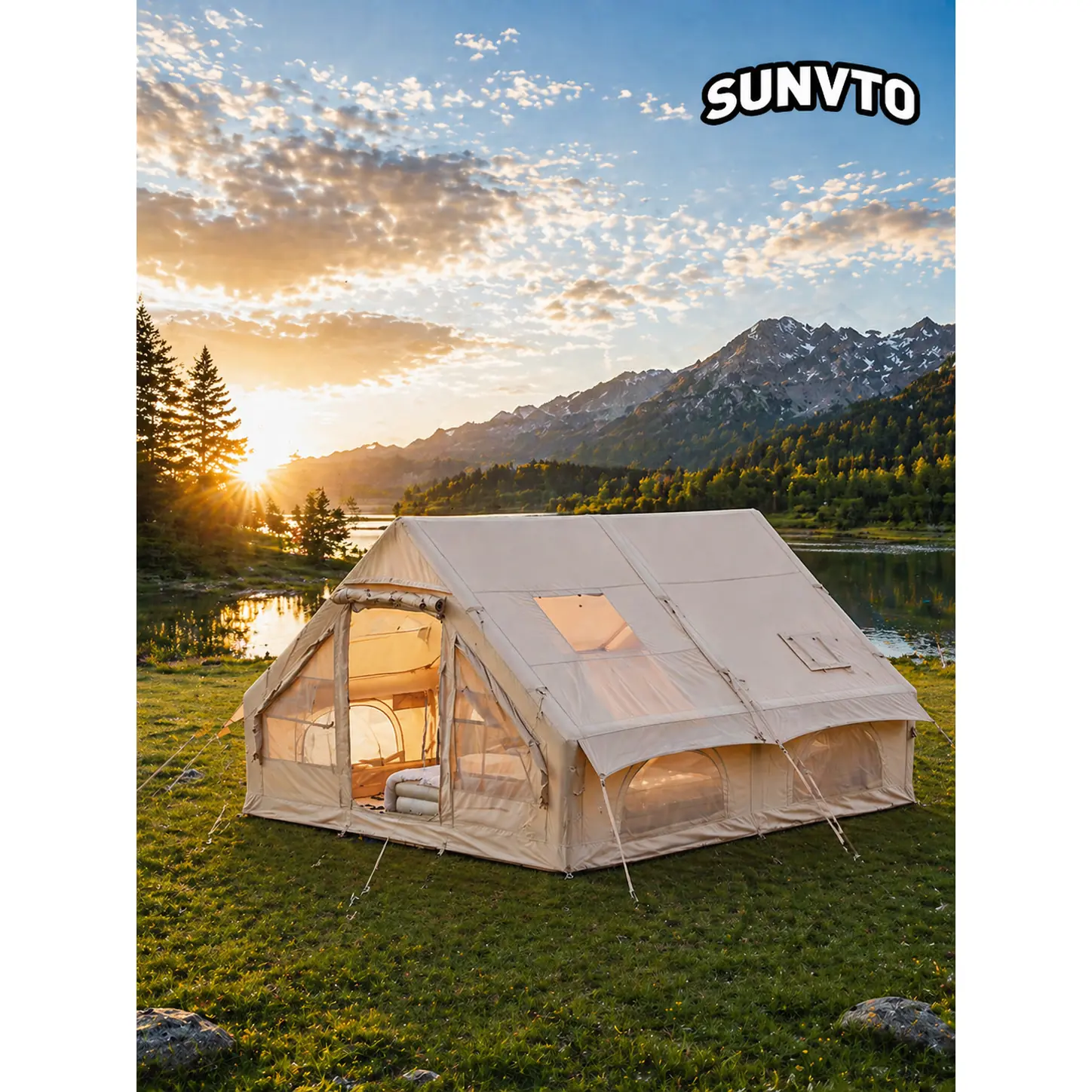 12M² Double-Door Inflatable Camping Tent with Two Small Skylights & Chimney Opening - 图片 3