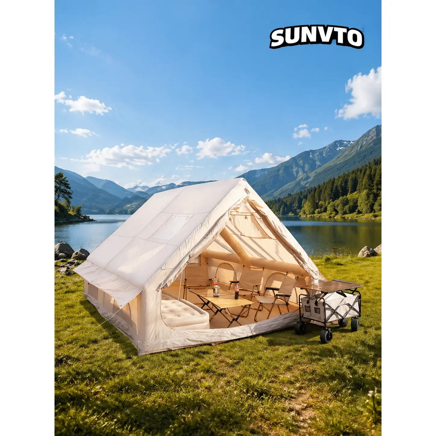 12M² Double-Door Inflatable Camping Tent with Two Small Skylights & Chimney Opening - 图片 4