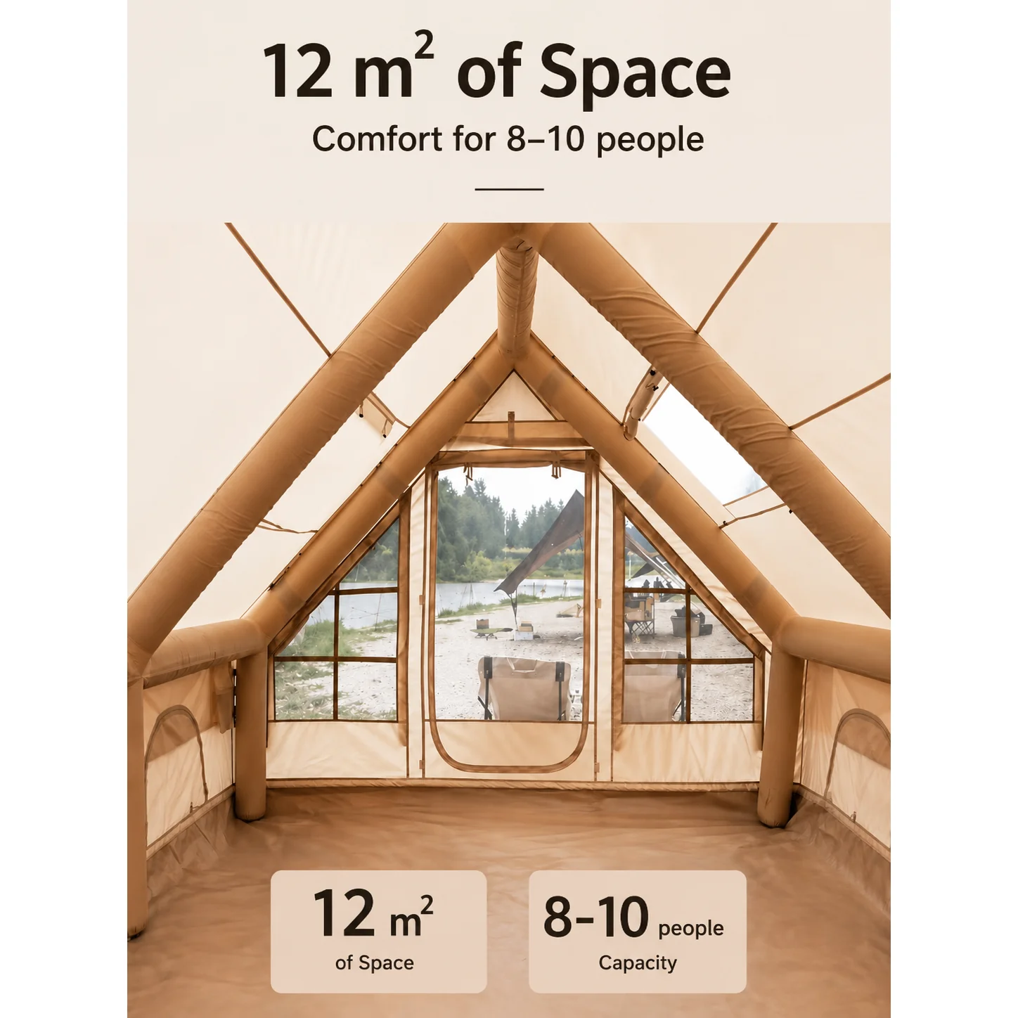 12M² Double-Door Inflatable Camping Tent with Two Small Skylights & Chimney Opening - 图片 7