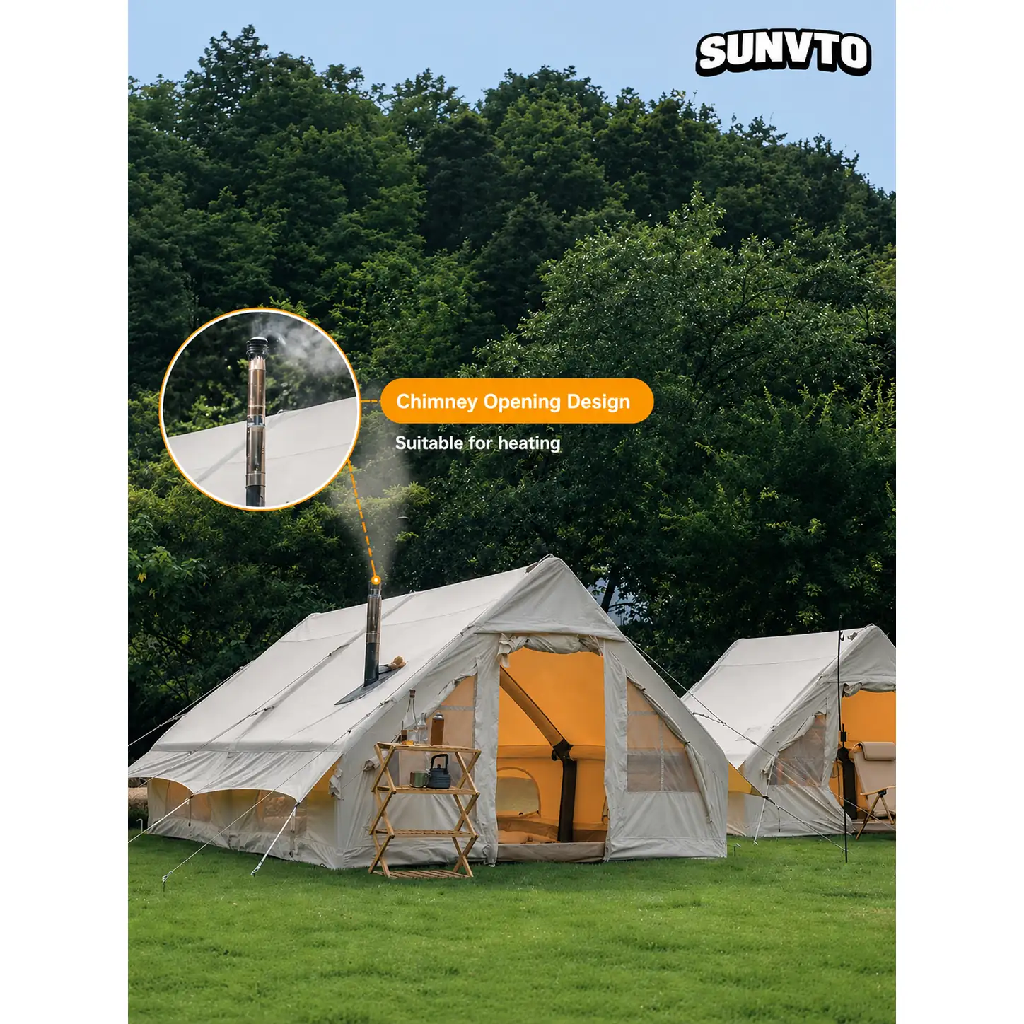 12M² Double-Door Inflatable Camping Tent with Two Small Skylights & Chimney Opening - 图片 8
