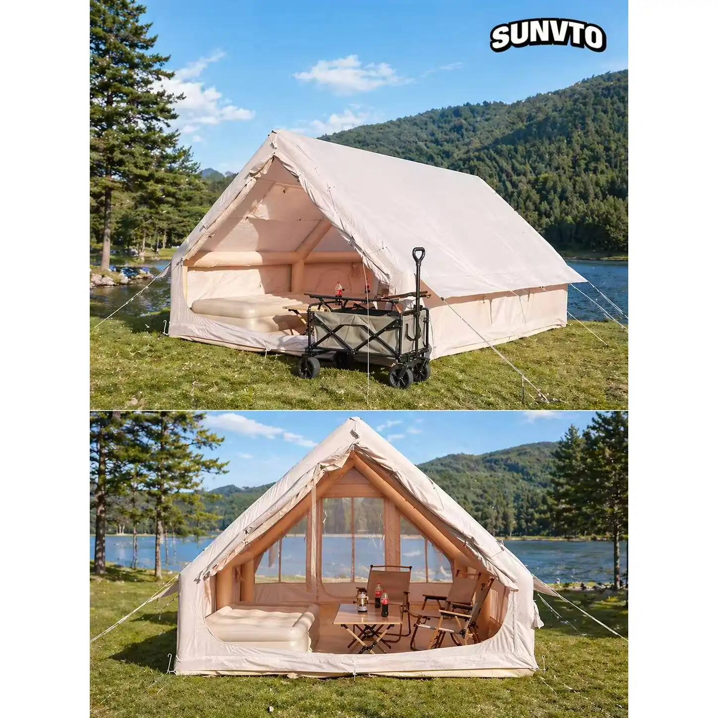 12M² Double-Door Inflatable Camping Tent with Two Small Skylights & Chimney Opening - 图片 9