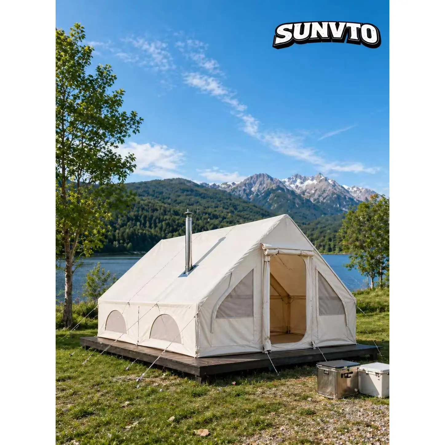 12M² Double-Door Inflatable Camping Tent with Two Small Skylights & Chimney Opening - 图片 10