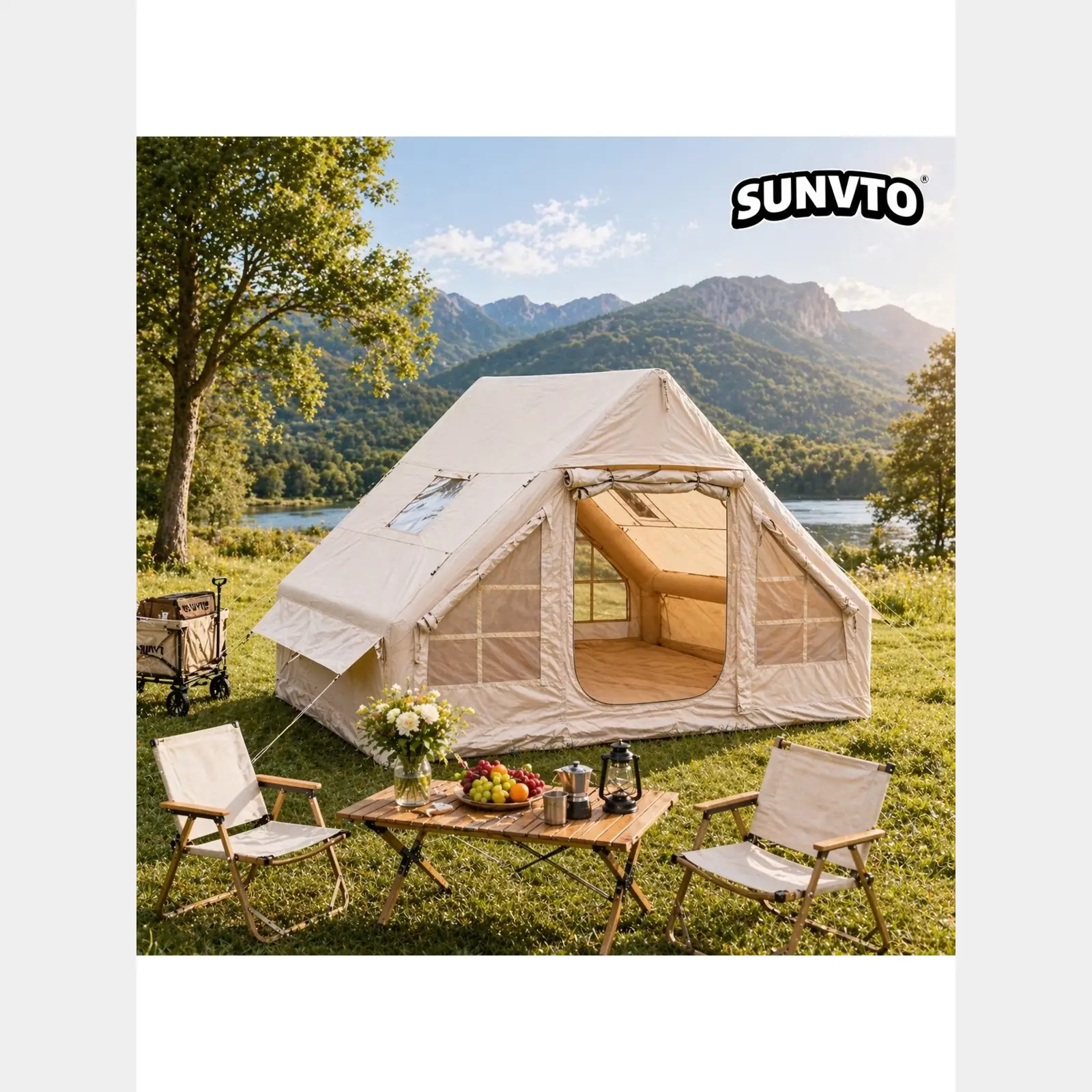 Classic Camping Tent, 6.3㎡ Double U-Shaped Door with Skylight & Chimney Vent