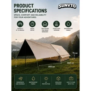 12M² Double-Door Inflatable Camping Tent with Dual Skylights, Inner Curtain & Chimney Vent