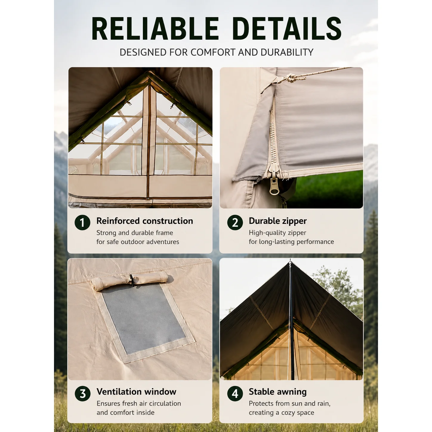 12M² Double-Door Inflatable Camping Tent with Dual Skylights, Inner Curtain & Chimney Vent - 图片 5