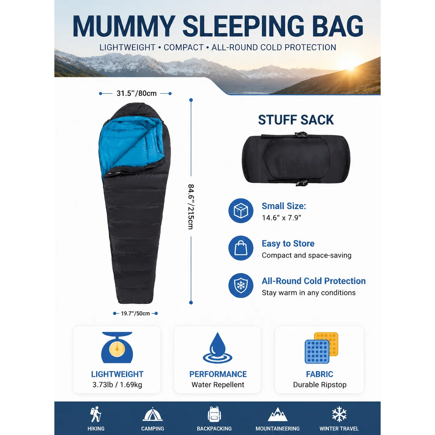 Mummy Duck Down Sleeping Bag, 3 Season Cold Weather Ultralight Backpacking Sleeping Bag for Camping Hiking Mountaineering - 图片 6