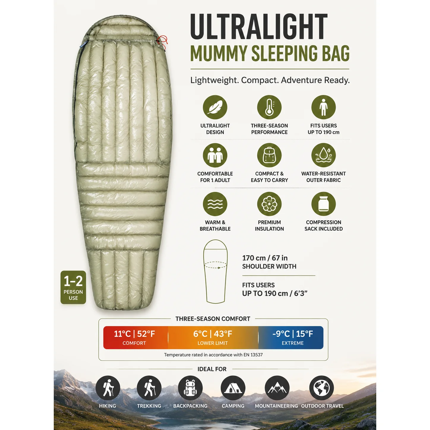 Ultralight Mummy Down Sleeping Bag, 3 Season Waterproof Compact Backpacking Sleeping Bag - 图片 3