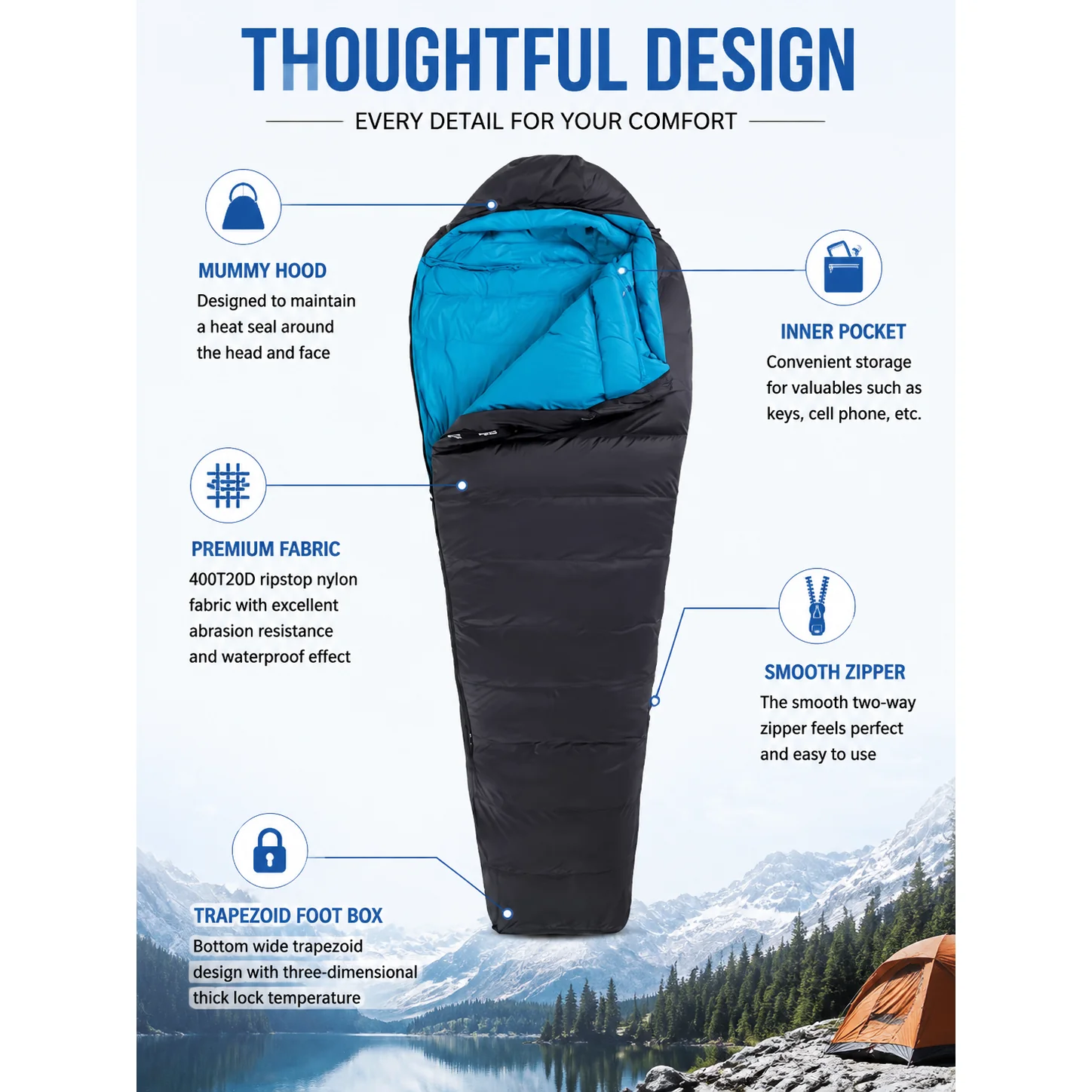 Mummy Duck Down Sleeping Bag, 3 Season Cold Weather Ultralight Backpacking Sleeping Bag for Camping Hiking Mountaineering - 图片 3