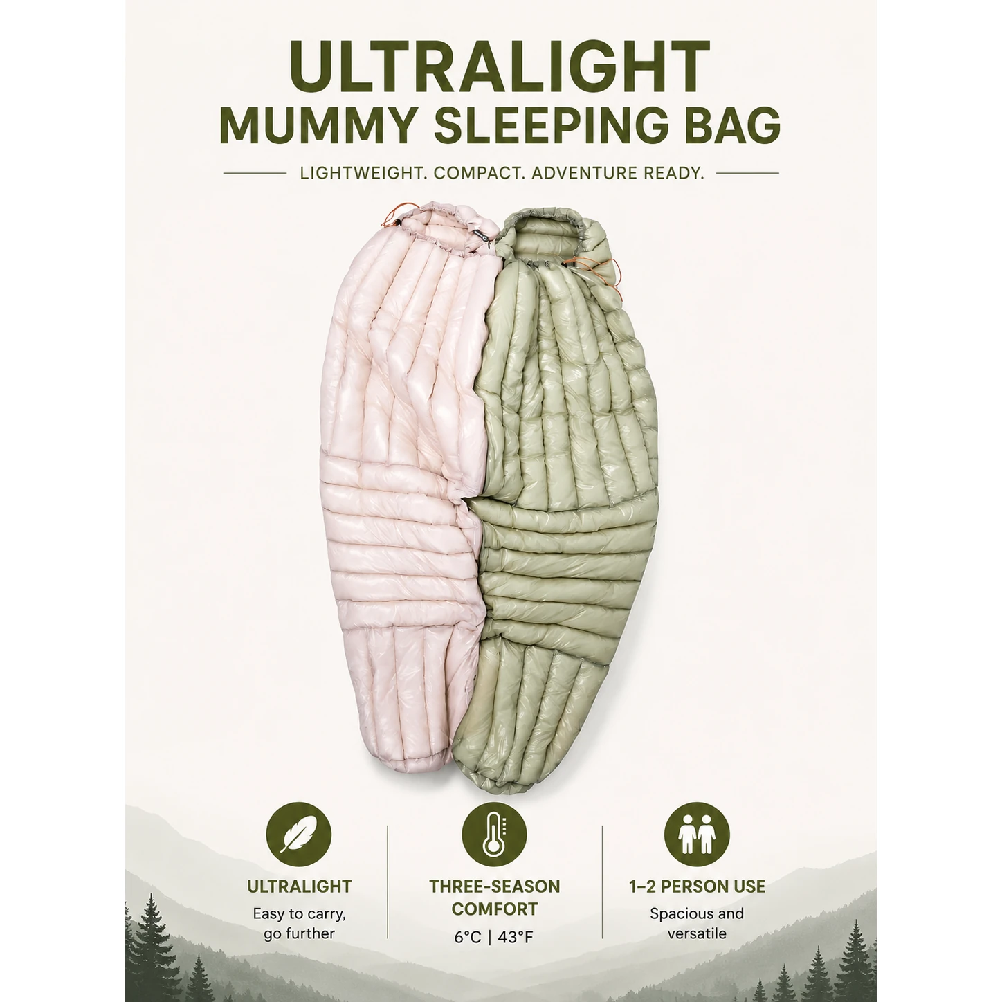 Ultralight Mummy Down Sleeping Bag, 3 Season Waterproof Compact Backpacking Sleeping Bag