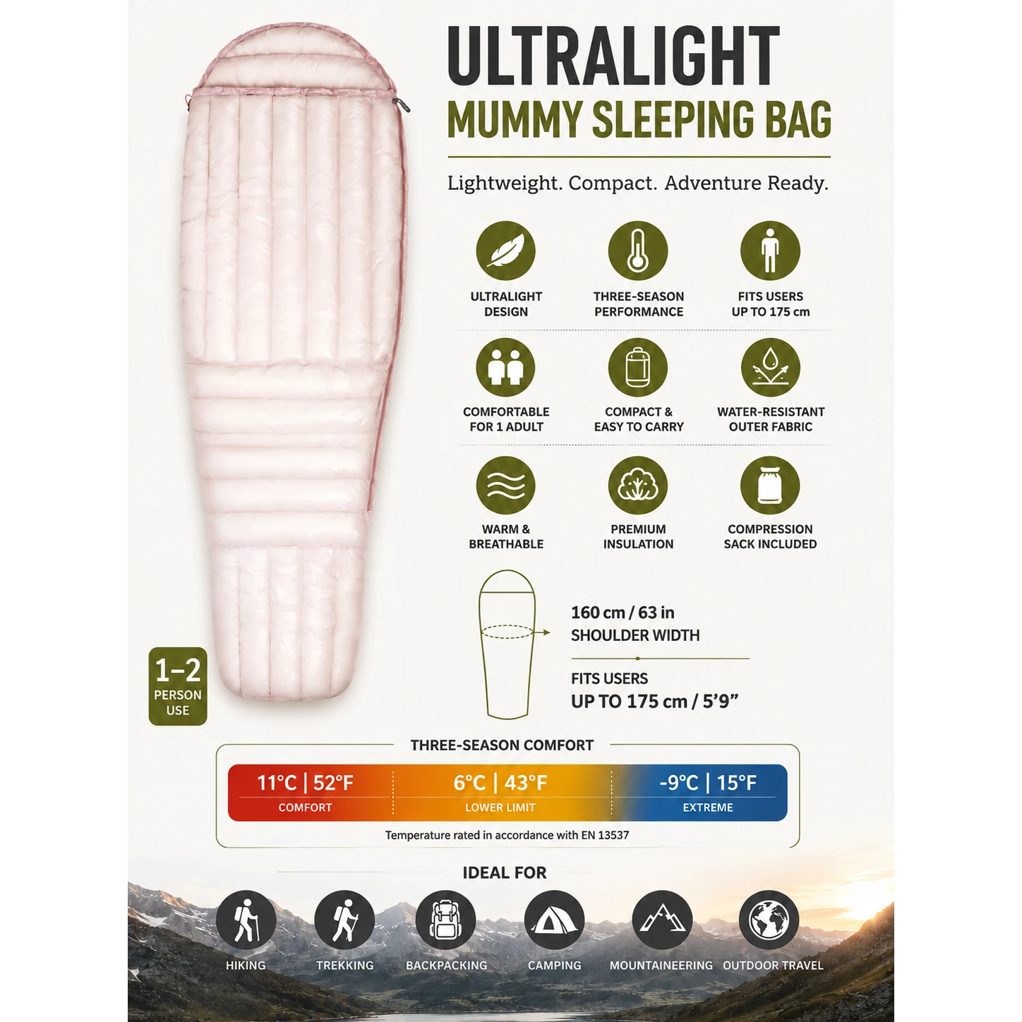 Ultralight Mummy Down Sleeping Bag, 3 Season Waterproof Compact Backpacking Sleeping Bag - 图片 2