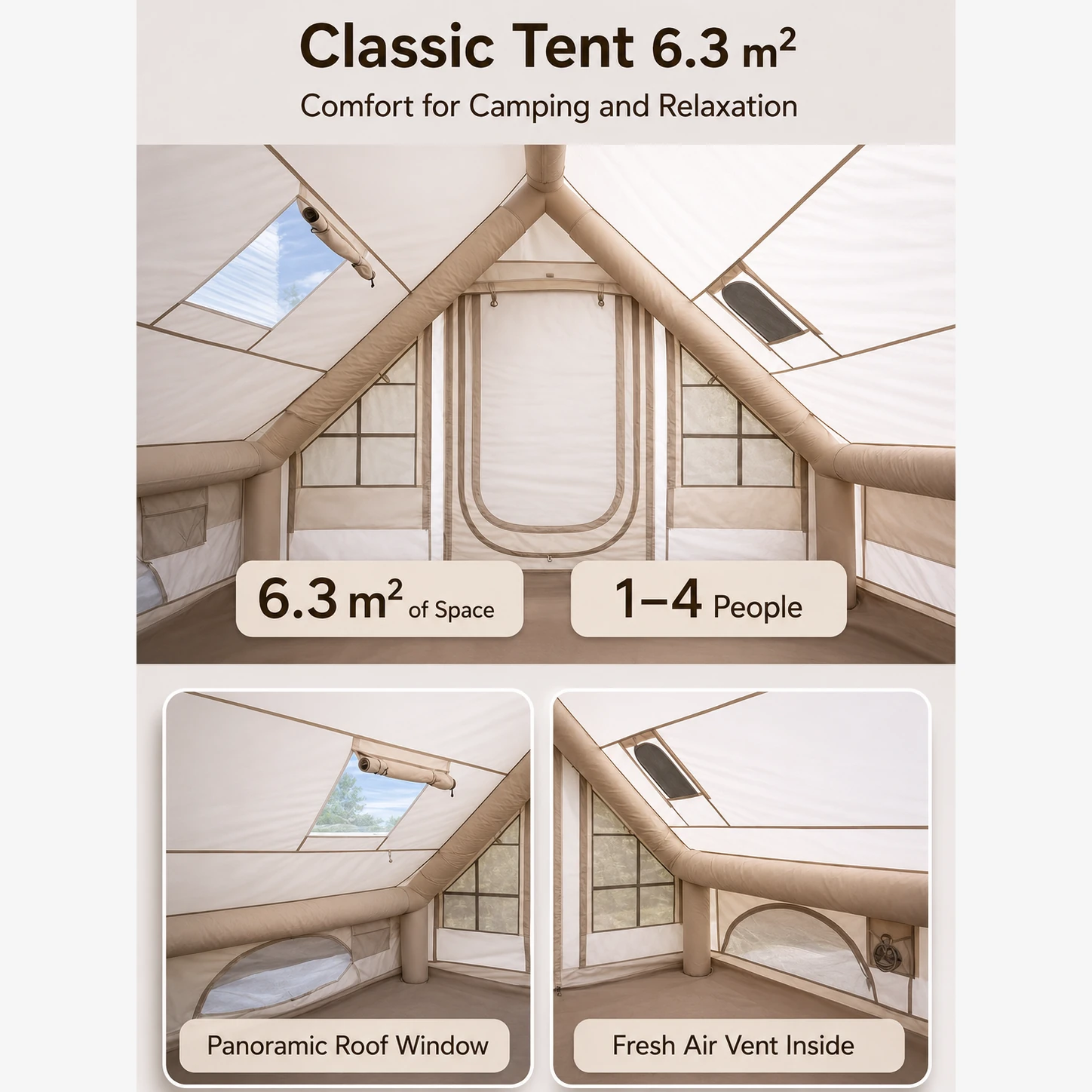 Classic Camping Tent, 6.3㎡ Double U-Shaped Door with Skylight & Chimney Vent - 图片 11