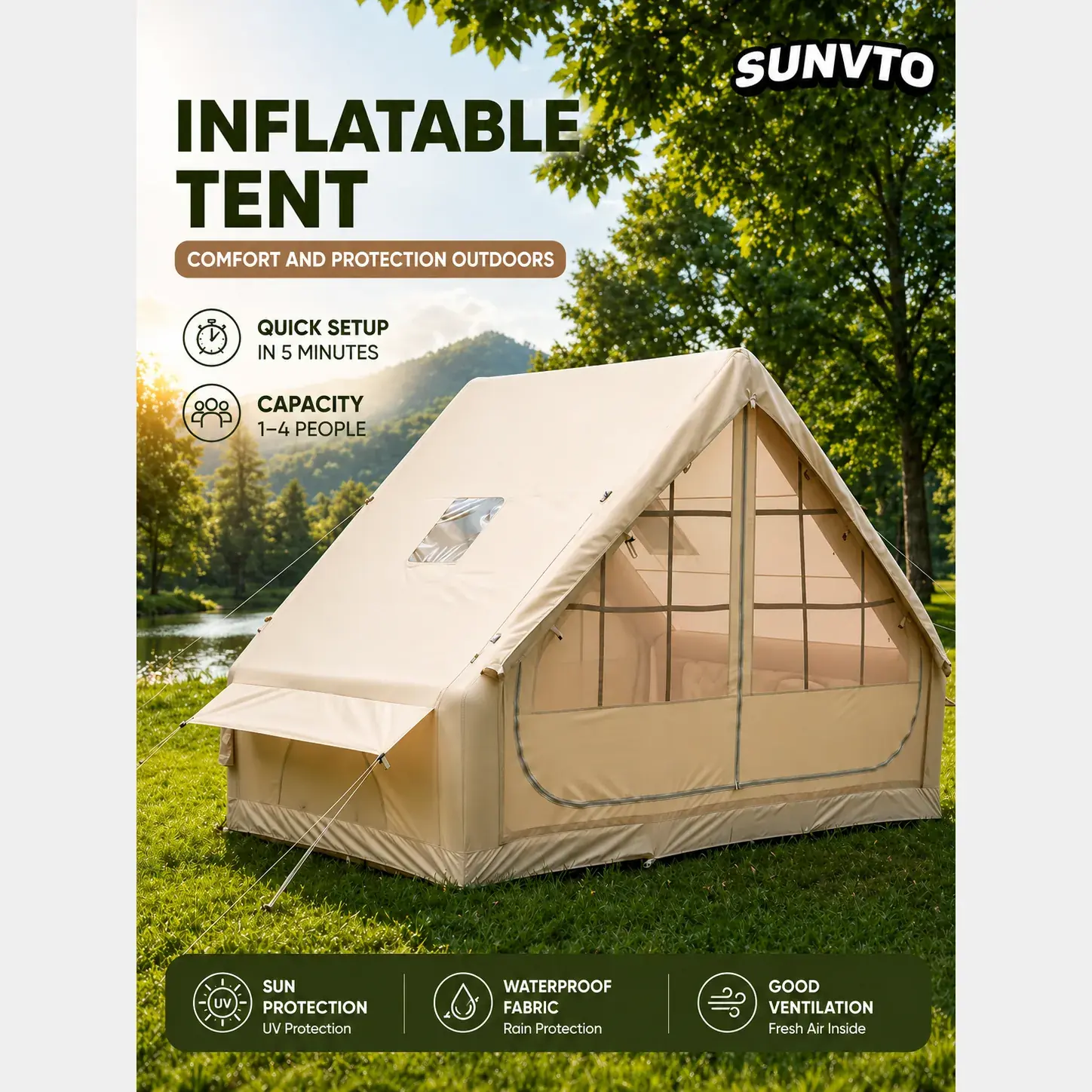 Classic Camping Tent, 6.3㎡ Double U-Shaped Door with Skylight & Chimney Vent - 图片 4