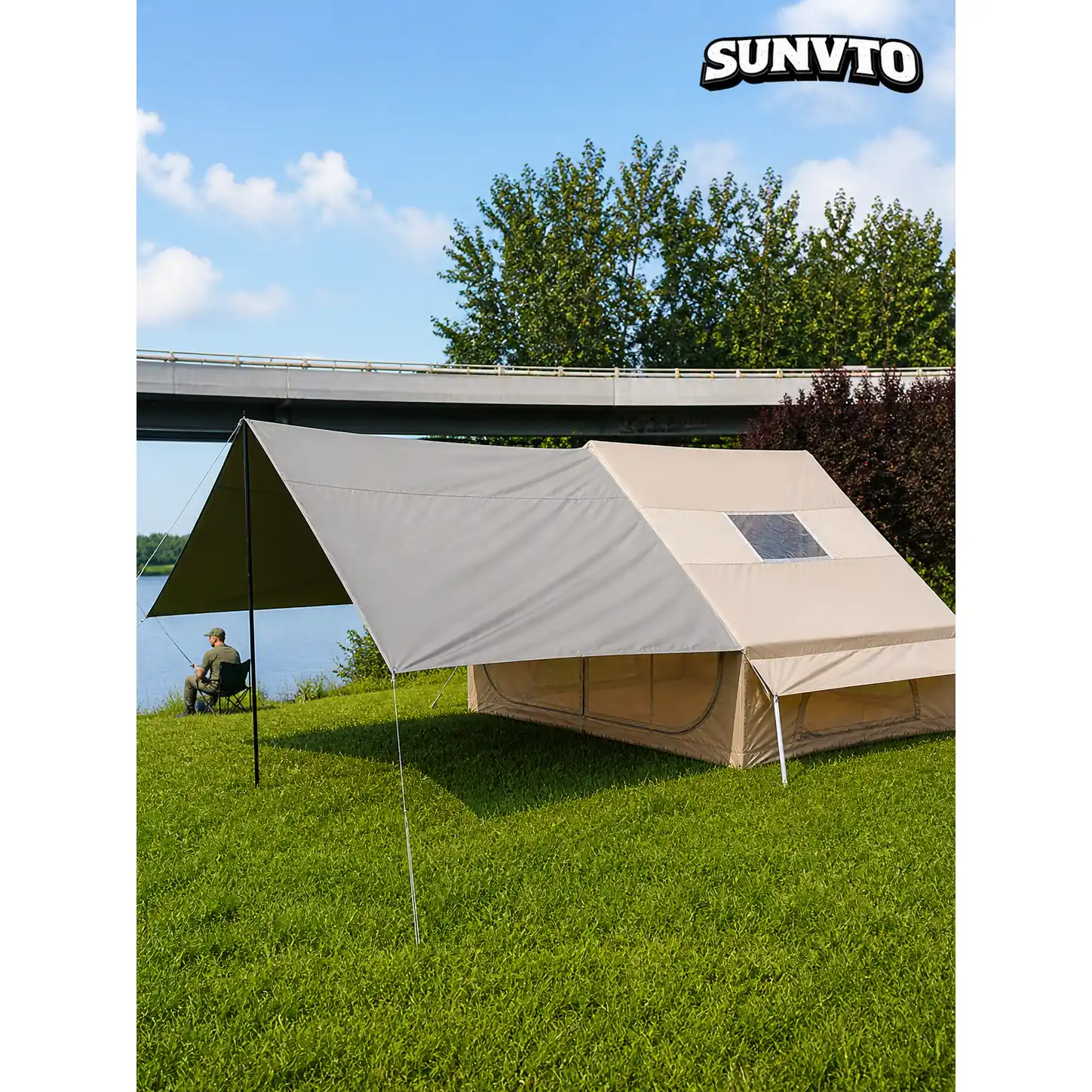 6.3M² Double-Door Inflatable Camping Tent with Dual Skylights, Inner Curtain & Chimney Vent