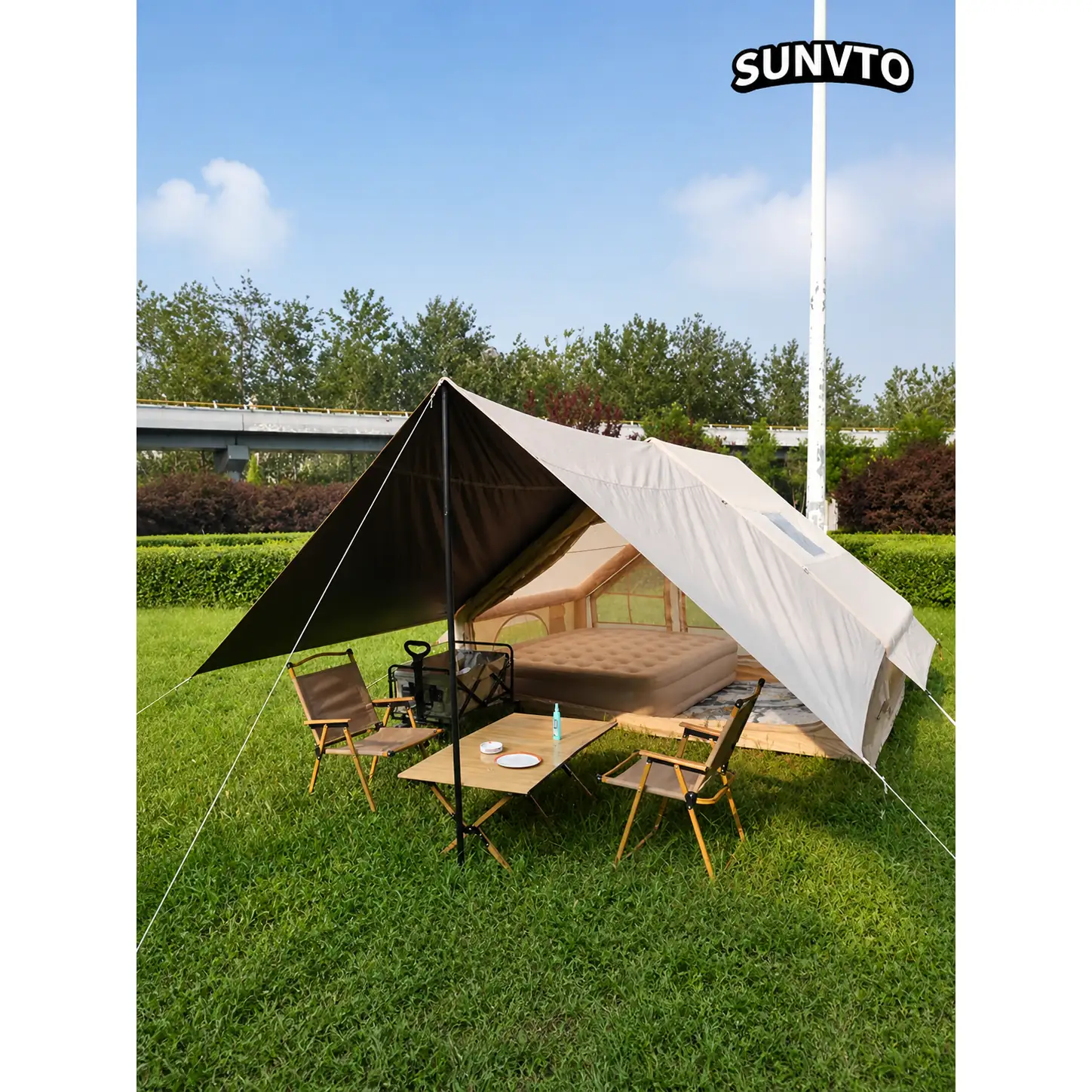 6.3M² Double-Door Inflatable Camping Tent with Dual Skylights, Inner Curtain & Chimney Vent - 图片 2