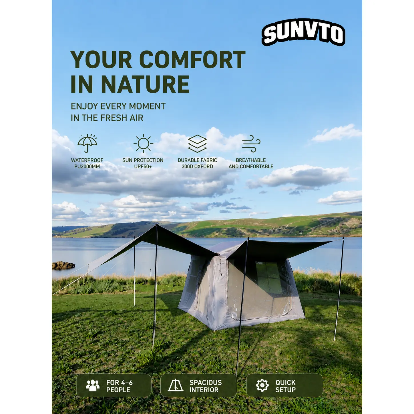 6.5㎡ Ridge Inflatable Camping Tent, PVC Air Column Tent with Sun Awning - 图片 2