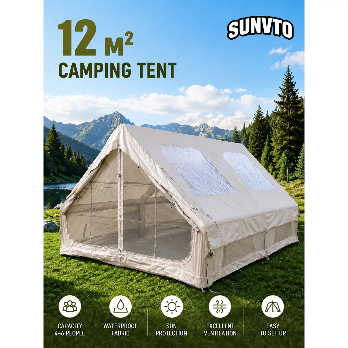 12M² Inflatable Camping Tent, Double-Door with Two BIG Skylights