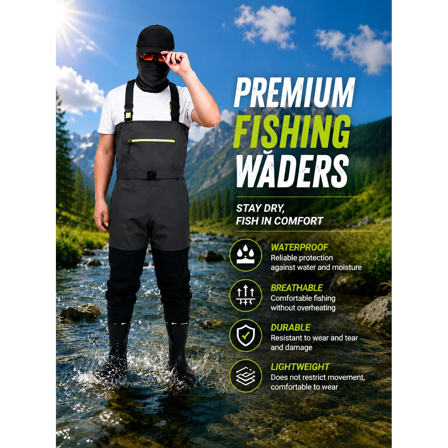 Lightweight Chest Waders, 20000mm Waterproof Breathable Fishing Waders with Non-slip Boots for Stream Fishing