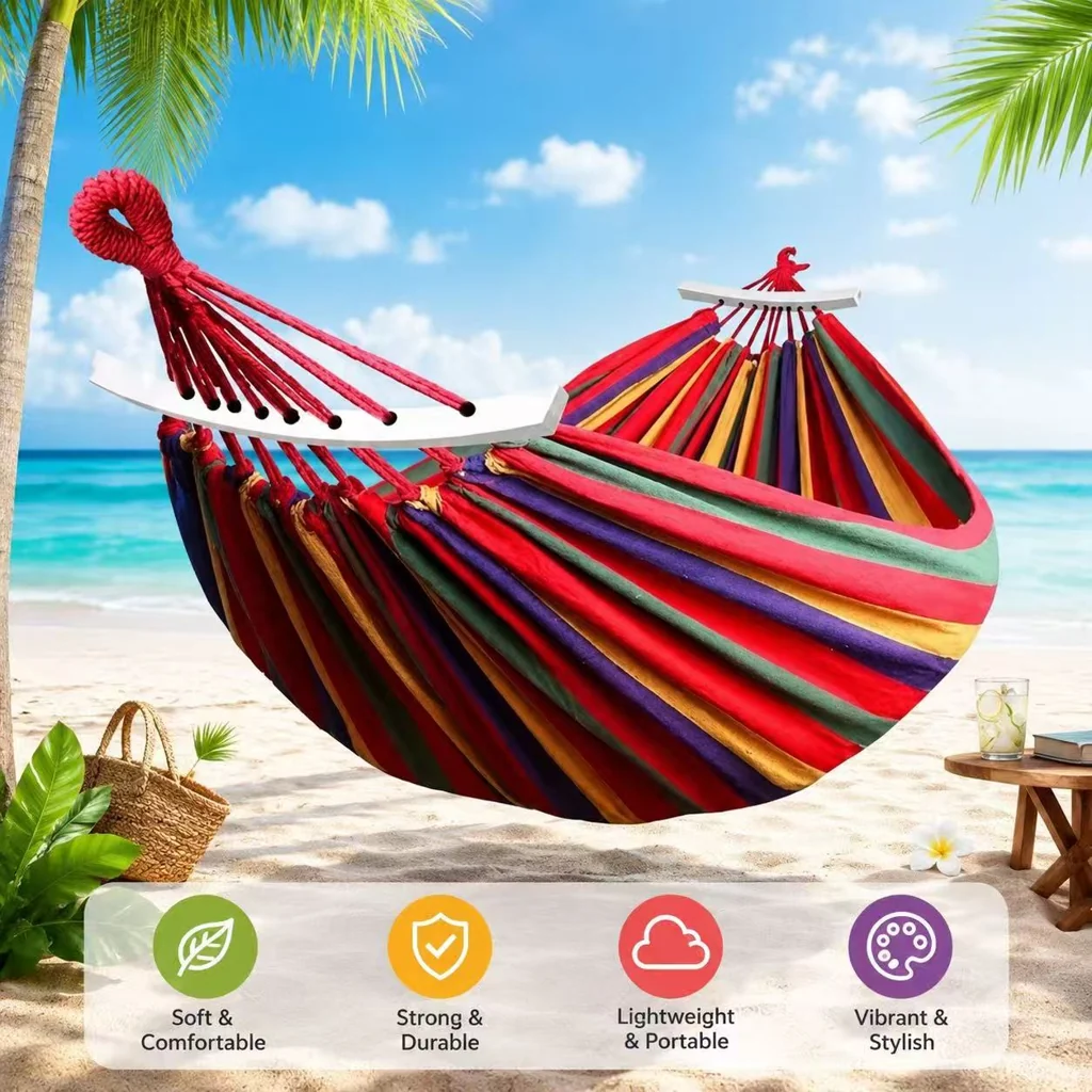 Double Anti-Roll Hammock Swing, Rainbow Stripe Canvas Hammock for Adults & Kids, Indoor Balcony Outdoor Picnic Camping