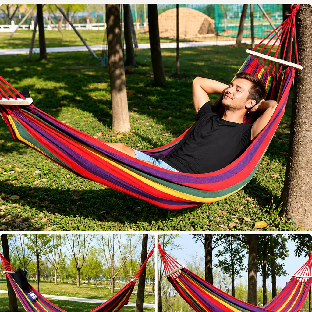 Double Anti-Roll Hammock Swing, Rainbow Stripe Canvas Hammock for Adults & Kids, Indoor Balcony Outdoor Picnic Camping - 图片 3