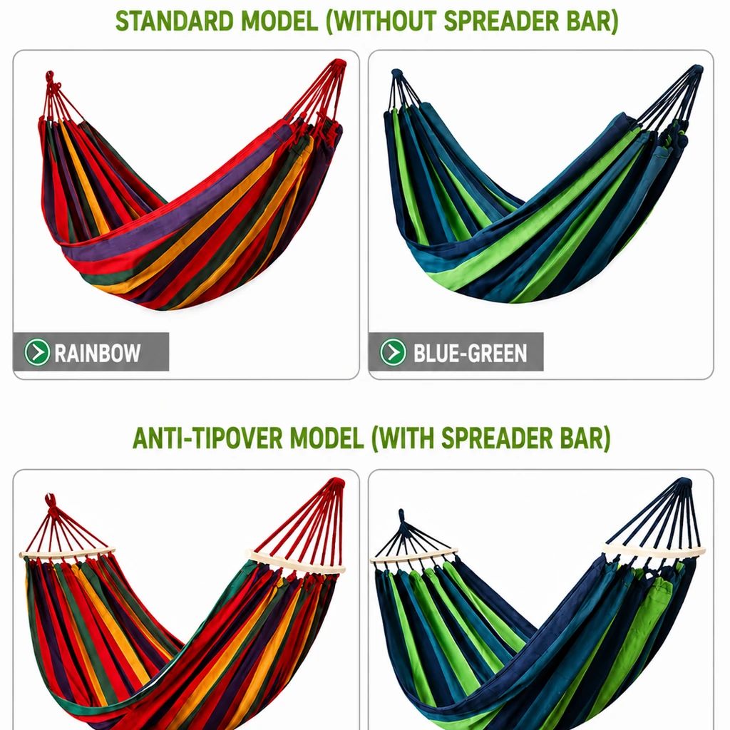 Double Anti-Roll Hammock Swing, Rainbow Stripe Canvas Hammock for Adults & Kids, Indoor Balcony Outdoor Picnic Camping - 图片 6