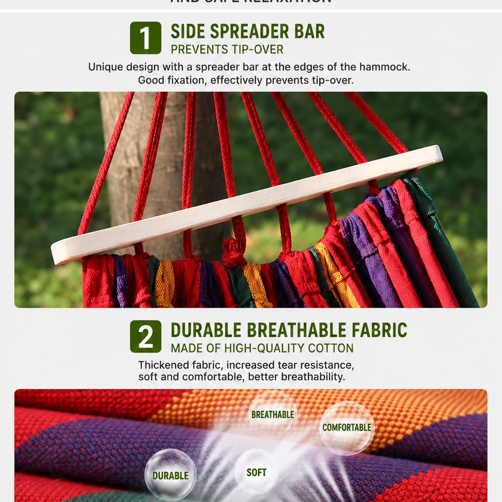 Double Anti-Roll Hammock Swing, Rainbow Stripe Canvas Hammock for Adults & Kids, Indoor Balcony Outdoor Picnic Camping - 图片 8