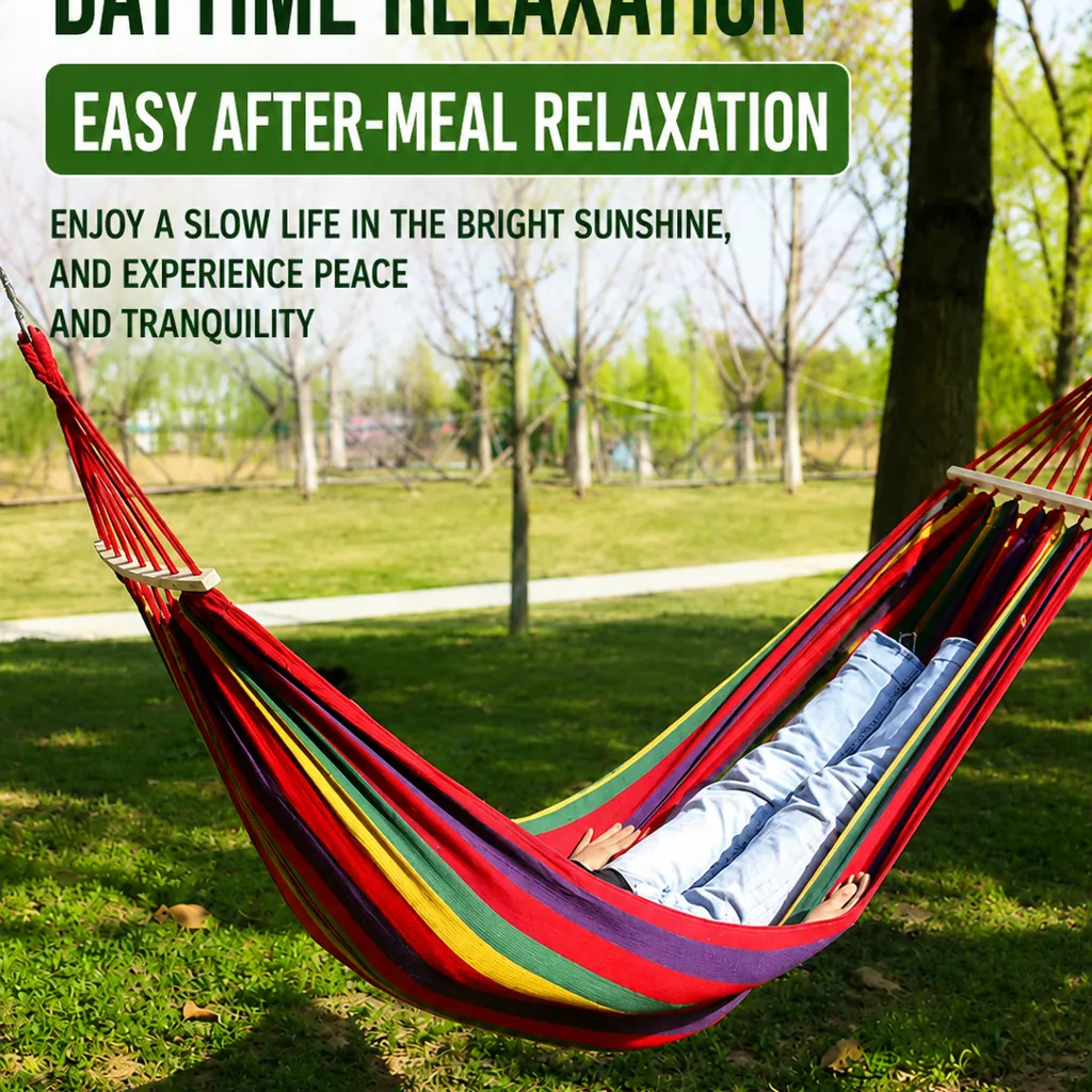 Double Anti-Roll Hammock Swing, Rainbow Stripe Canvas Hammock for Adults & Kids, Indoor Balcony Outdoor Picnic Camping - 图片 5