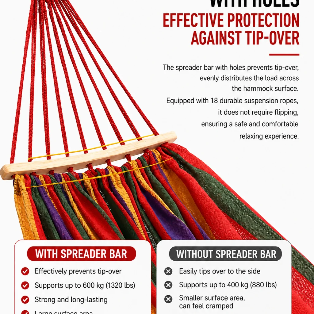 Double Anti-Roll Hammock Swing, Rainbow Stripe Canvas Hammock for Adults & Kids, Indoor Balcony Outdoor Picnic Camping - 图片 10