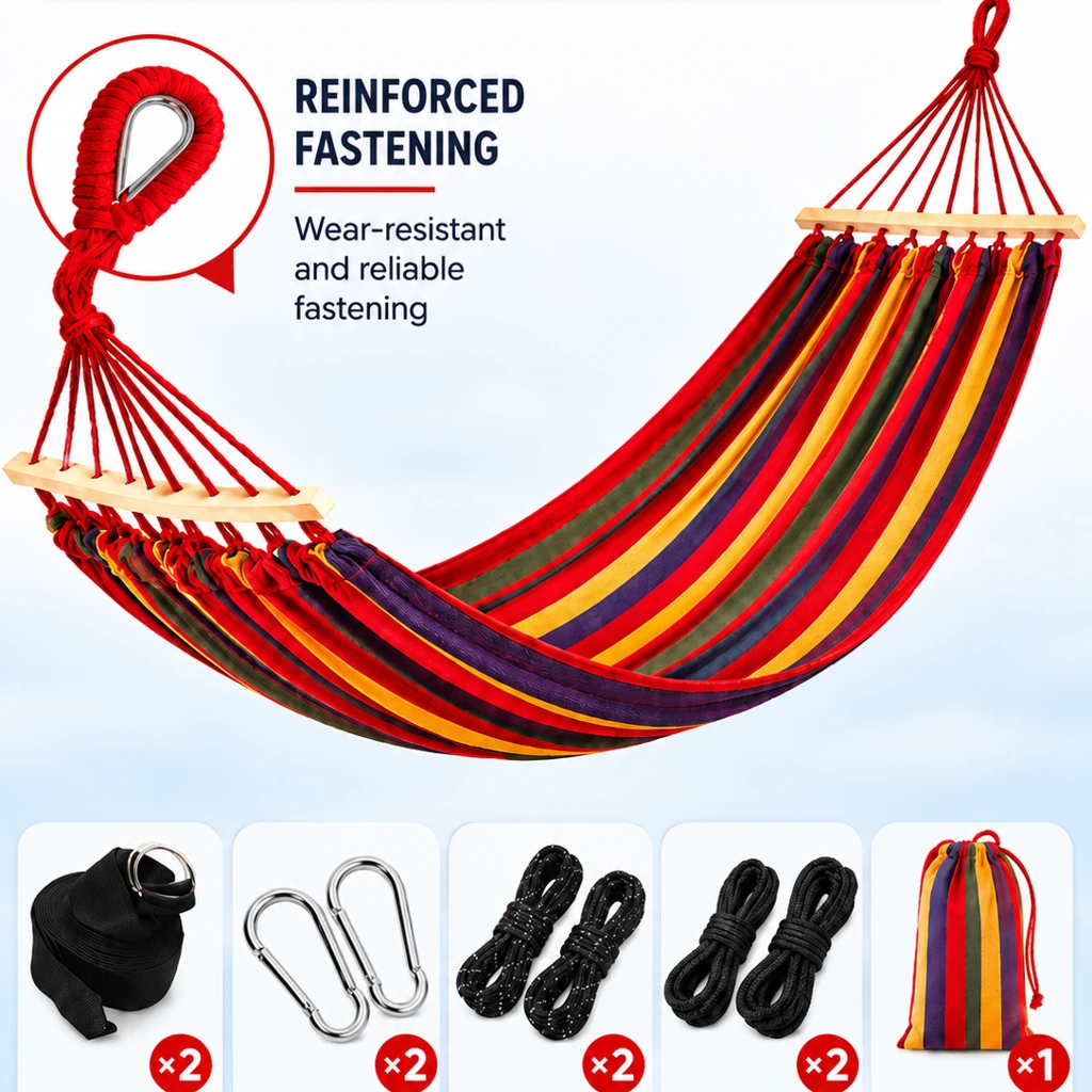 Double Anti-Roll Hammock Swing, Rainbow Stripe Canvas Hammock for Adults & Kids, Indoor Balcony Outdoor Picnic Camping - 图片 2