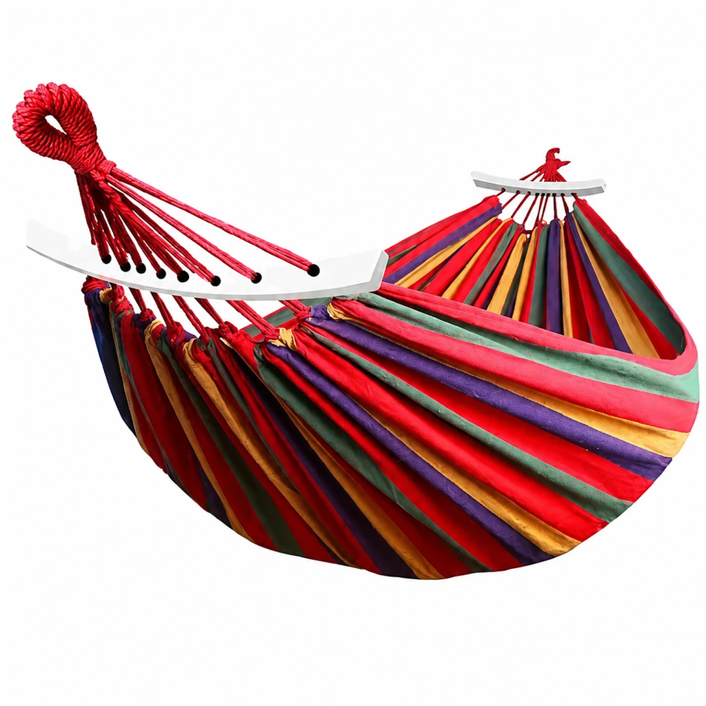 Double Anti-Roll Hammock Swing, Rainbow Stripe Canvas Hammock for Adults & Kids, Indoor Balcony Outdoor Picnic Camping - 图片 13