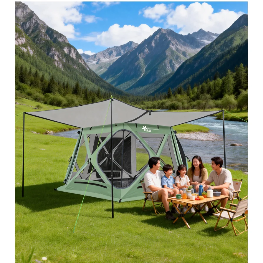 Automatic Hexagonal Camping Tent, All-Season Panoramic Mosquito Net Tent Dual-Purpose Canopy for Road Trip - 图片 5