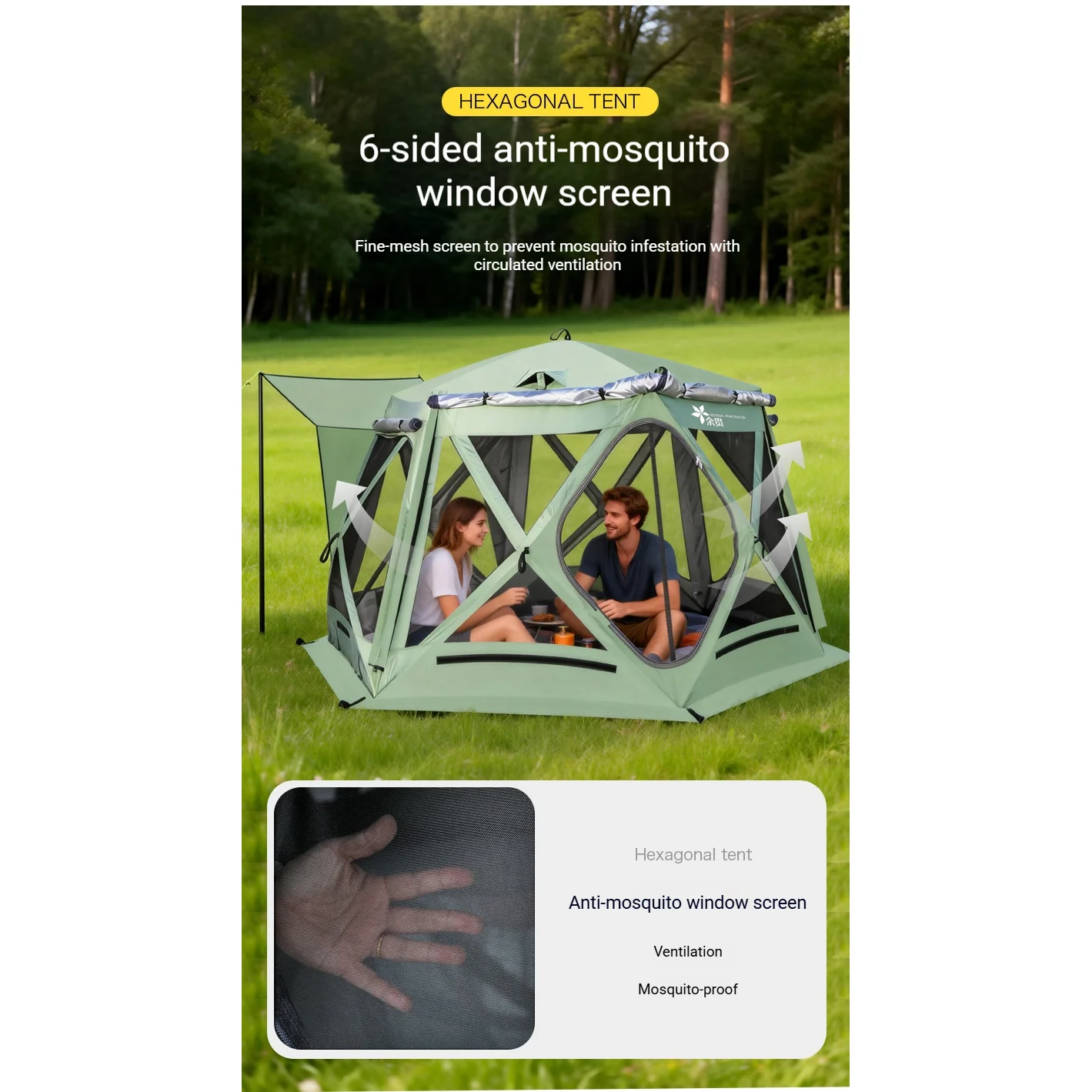 Automatic Hexagonal Camping Tent, All-Season Panoramic Mosquito Net Tent Dual-Purpose Canopy for Road Trip - 图片 9