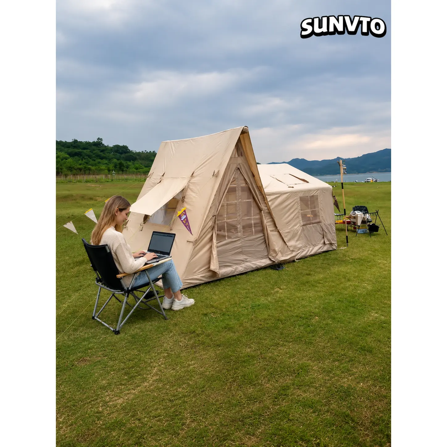 12.6㎡ Large Inflatable Cabin Tent , 420D Oxford Windproof Glamping Tent Fits 10-12 People - 图片 4