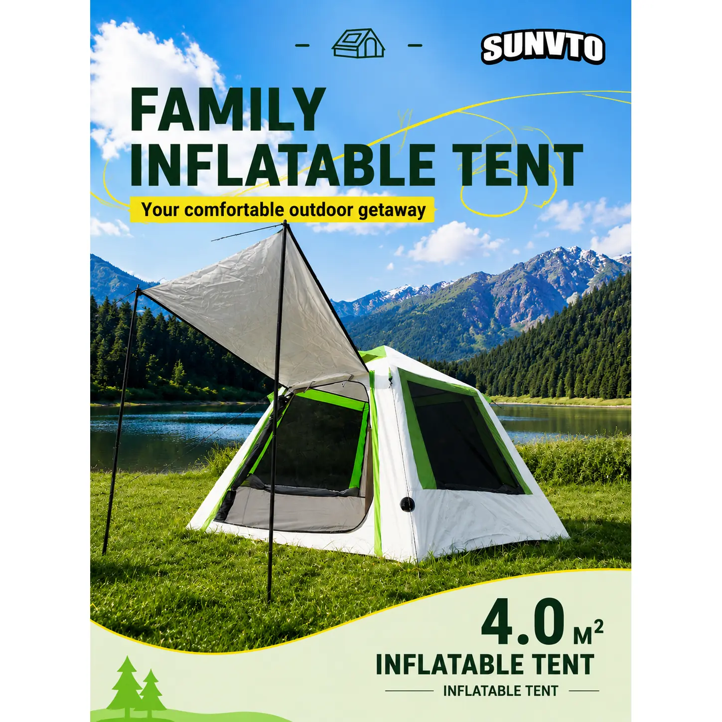 4M² Inflatable Tent, Single Door, Three Windows, Four-way Ventilation, Windproof and UV-resistant