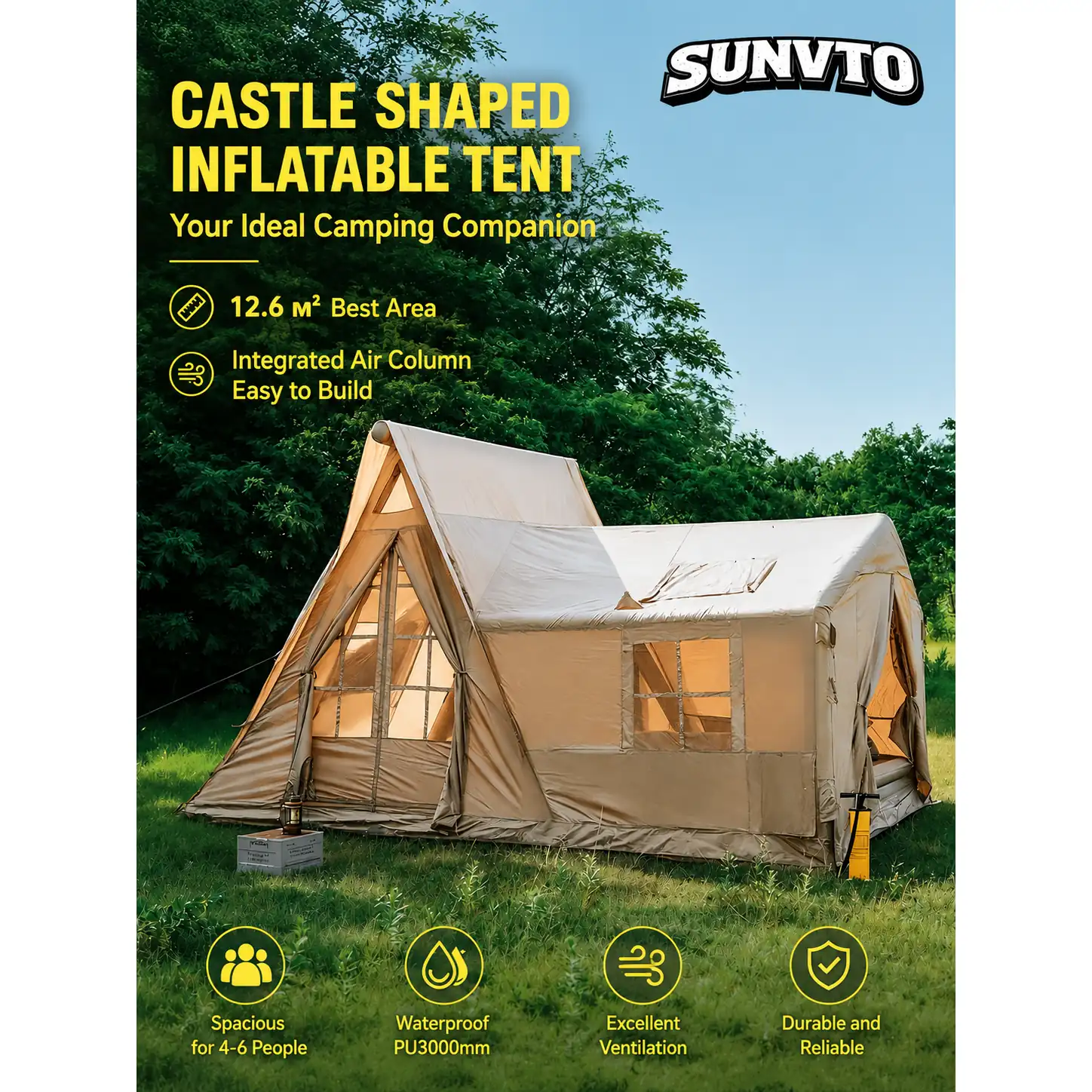 12.6㎡ Large Inflatable Cabin Tent , 420D Oxford Windproof Glamping Tent Fits 10-12 People - 图片 2