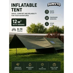 12M² Air Camping Tent, Dual Doors & Skylights, Sun Awning with Chimney Hole