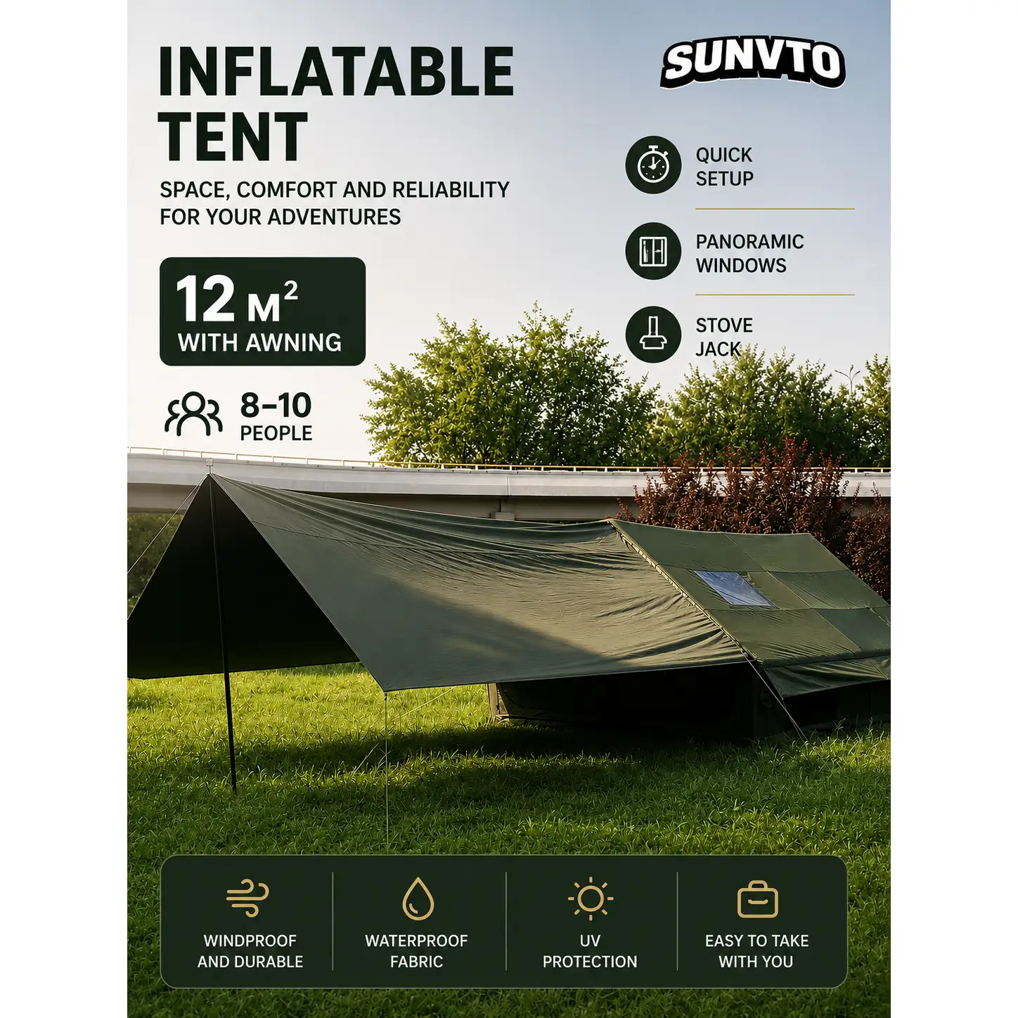 12M² Air Camping Tent, Dual Doors & Skylights, Sun Awning with Chimney Hole