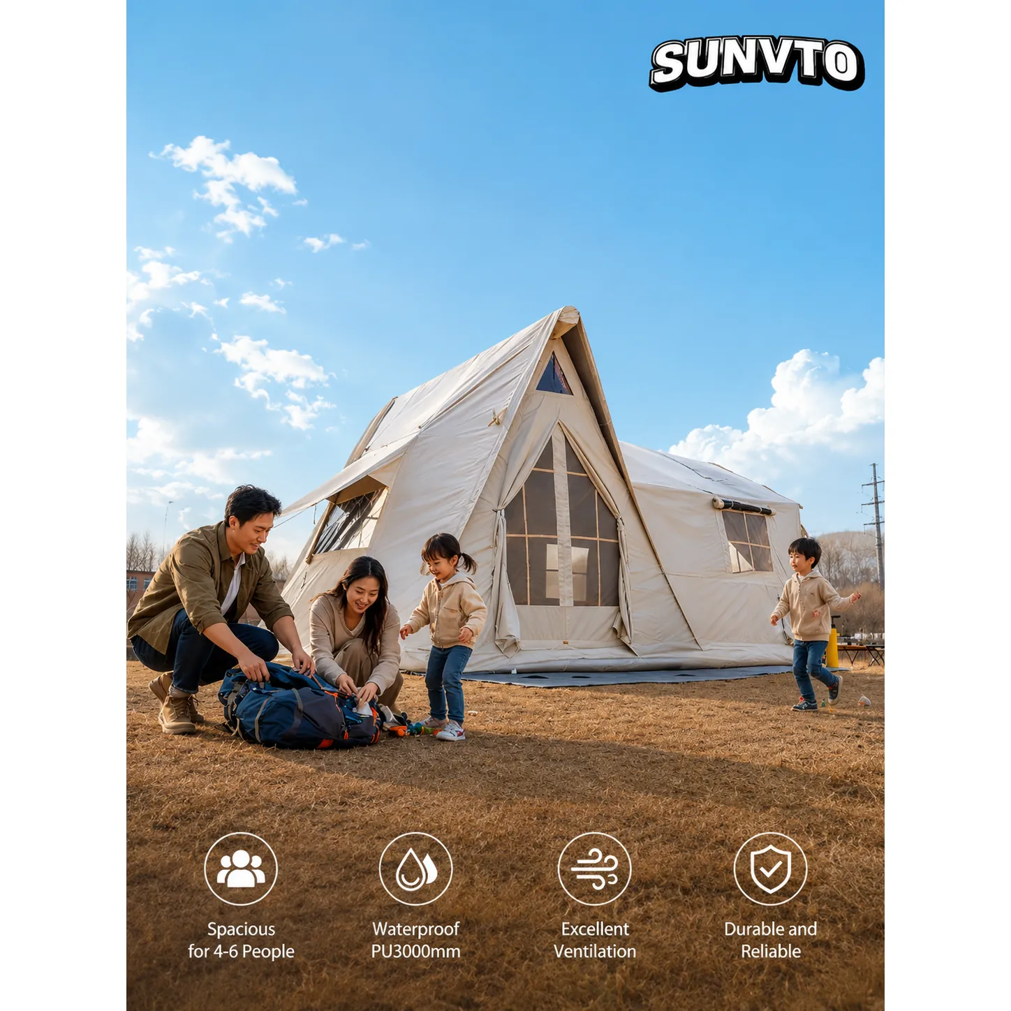 12.6㎡ Large Inflatable Cabin Tent , 420D Oxford Windproof Glamping Tent Fits 10-12 People - 图片 3