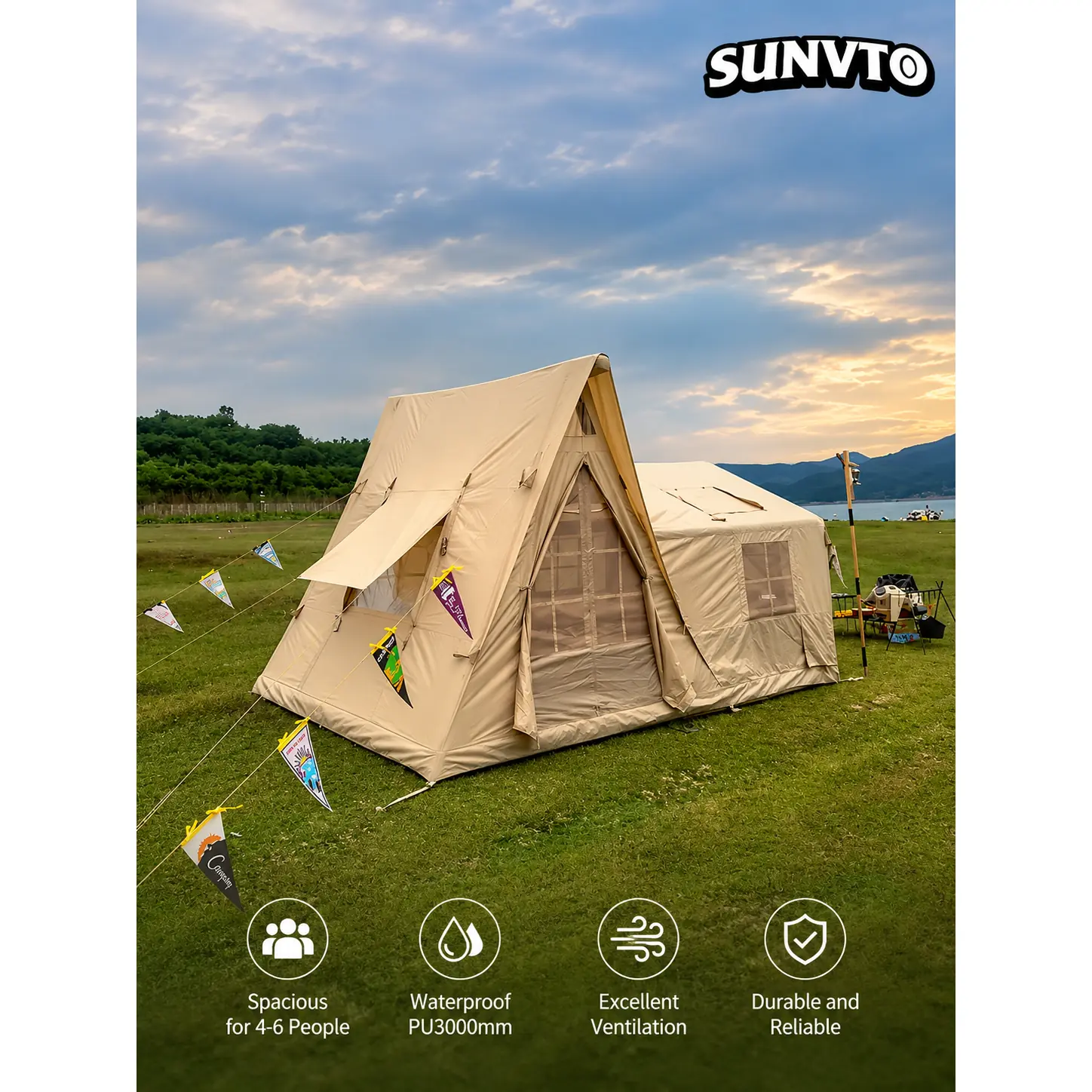 12.6㎡ Large Inflatable Cabin Tent , 420D Oxford Windproof Glamping Tent Fits 10-12 People