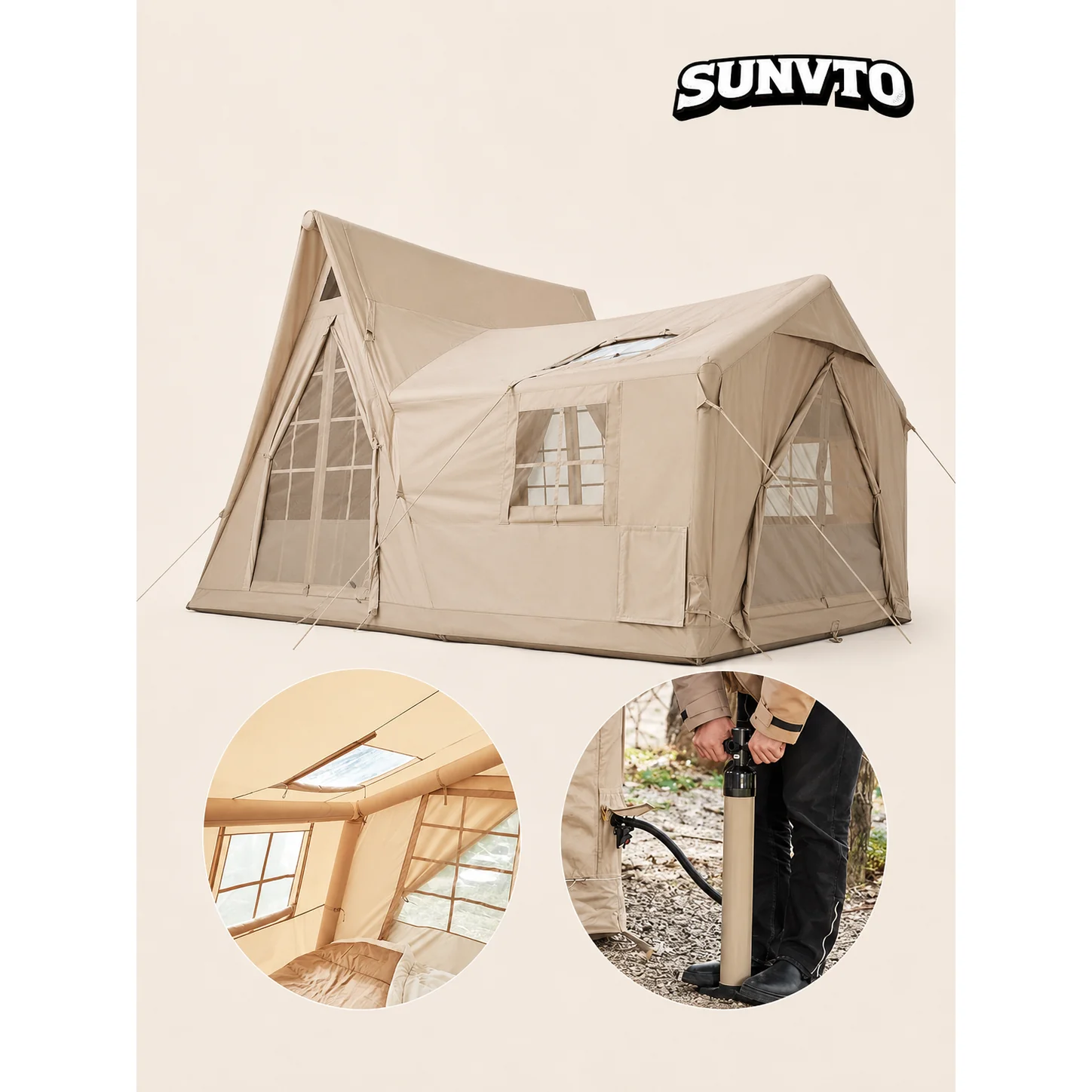 12.6㎡ Large Inflatable Cabin Tent , 420D Oxford Windproof Glamping Tent Fits 10-12 People - 图片 5