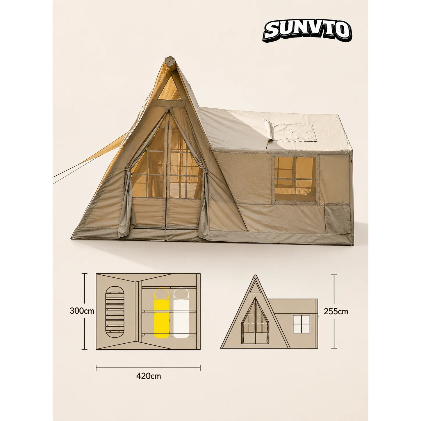 12.6㎡ Large Inflatable Cabin Tent , 420D Oxford Windproof Glamping Tent Fits 10-12 People - 图片 6