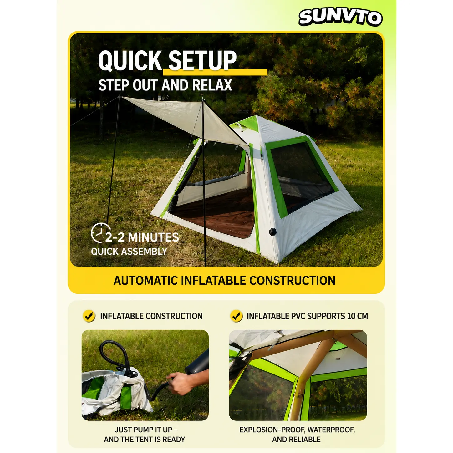 4M² Inflatable Tent, Single Door, Three Windows, Four-way Ventilation, Windproof and UV-resistant - 图片 6