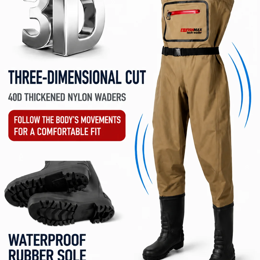 15000mm H₂O Waterproof Chest Waders 3D Cut Nylon Fishing Waders with Anti-Slip Rubber Boots - 图片 6