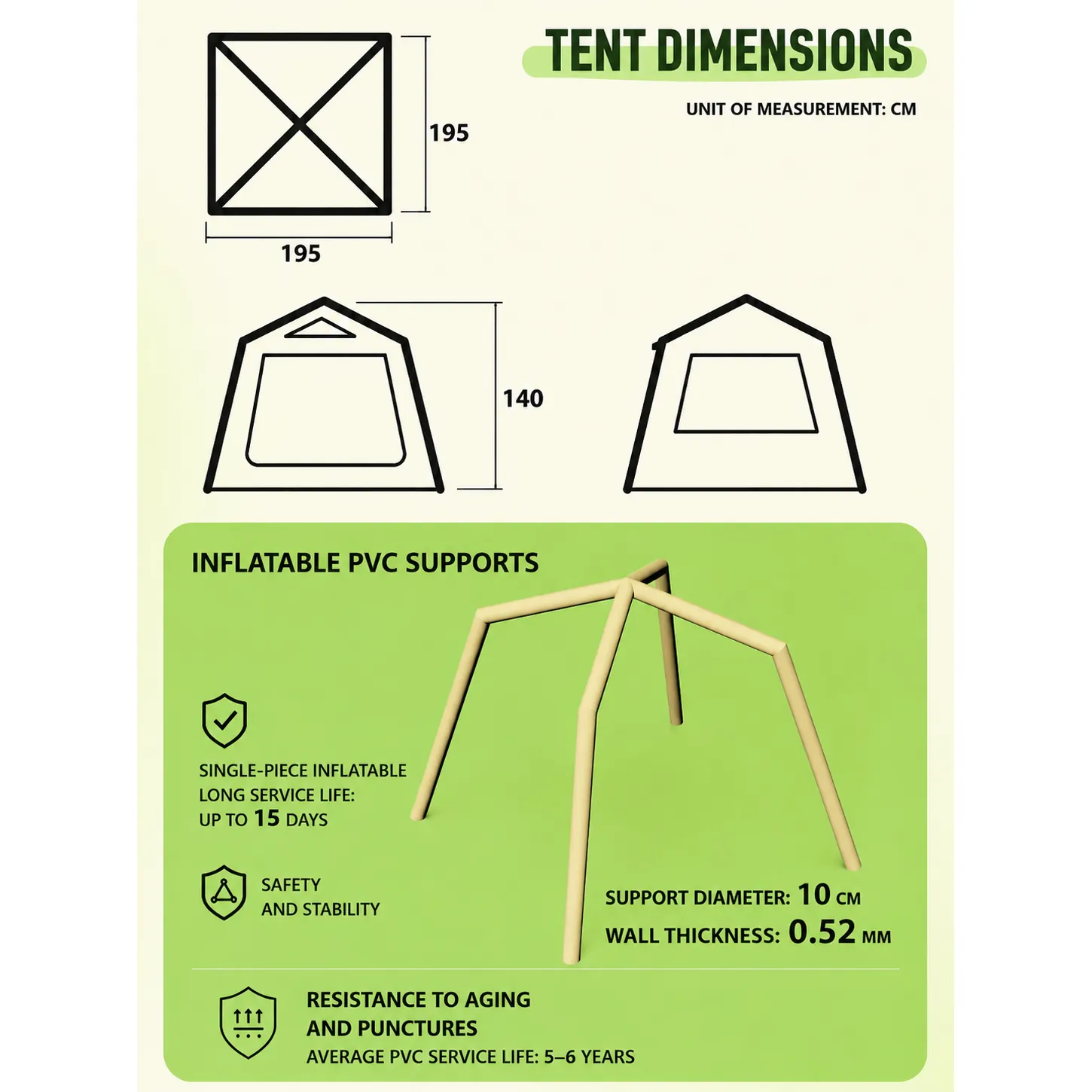 4M² Inflatable Tent, Single Door, Three Windows, Four-way Ventilation, Windproof and UV-resistant - 图片 11