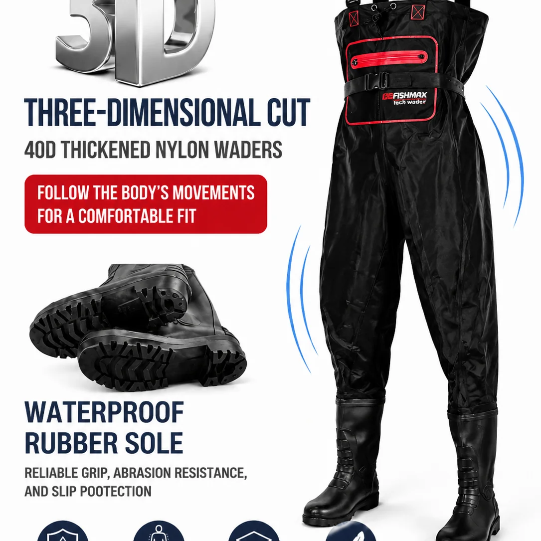 15000mm H₂O Waterproof Chest Waders 3D Cut Nylon Fishing Waders with Anti-Slip Rubber Boots - 图片 8