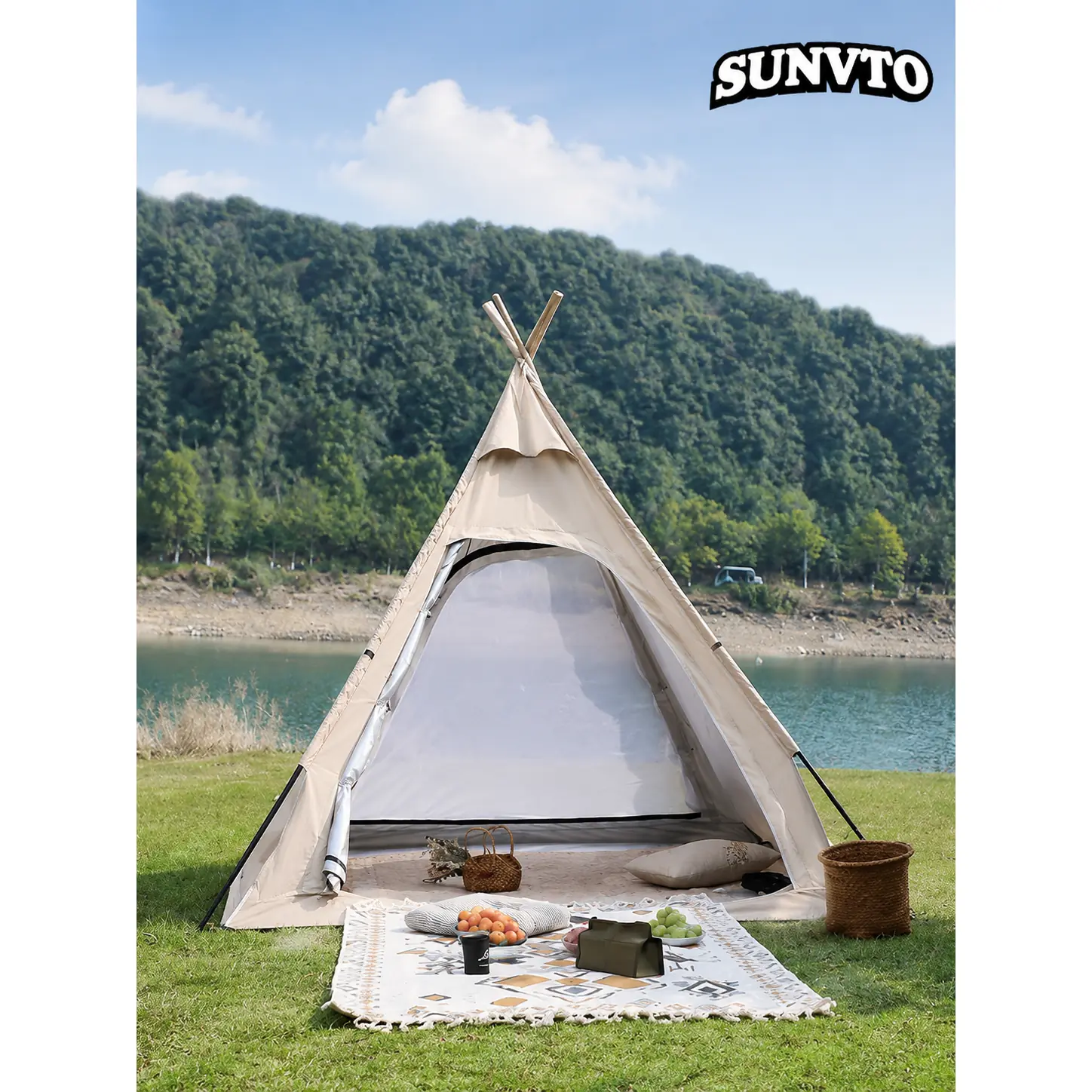 3-4 Person Outdoor Sun & Rain Proof Pyramid Tent, Multi-Functional Indian Teepee Tent with Oxford Fabric - 图片 4