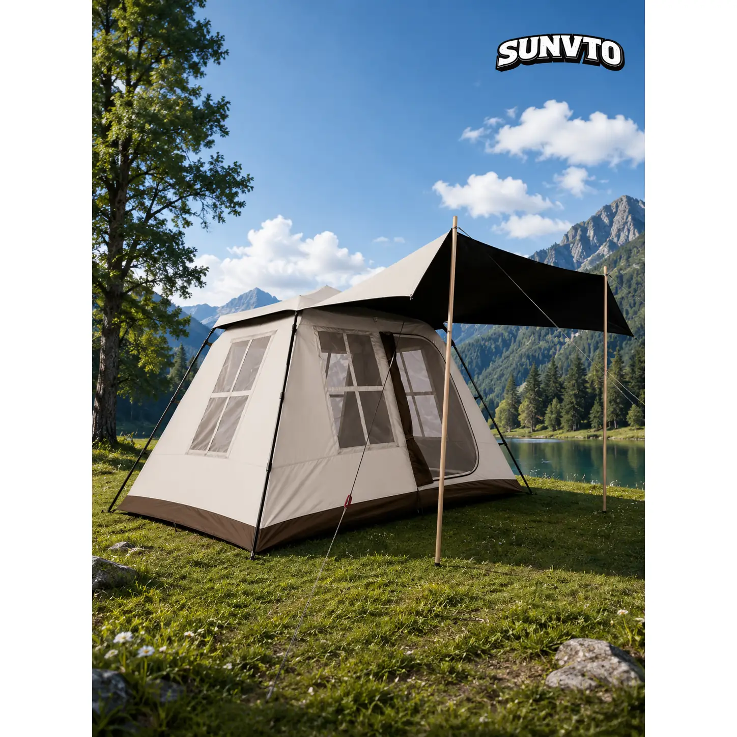 6.3m² Ridge Tent 2-3 People, 1 Room 1 Hall Outdoor Tent 210D Oxford Fabric - 图片 2