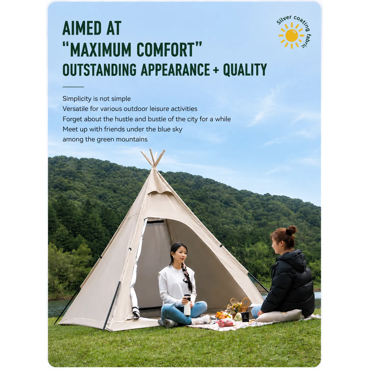 3-4 Person Outdoor Sun & Rain Proof Pyramid Tent, Multi-Functional Indian Teepee Tent with Oxford Fabric - 图片 6