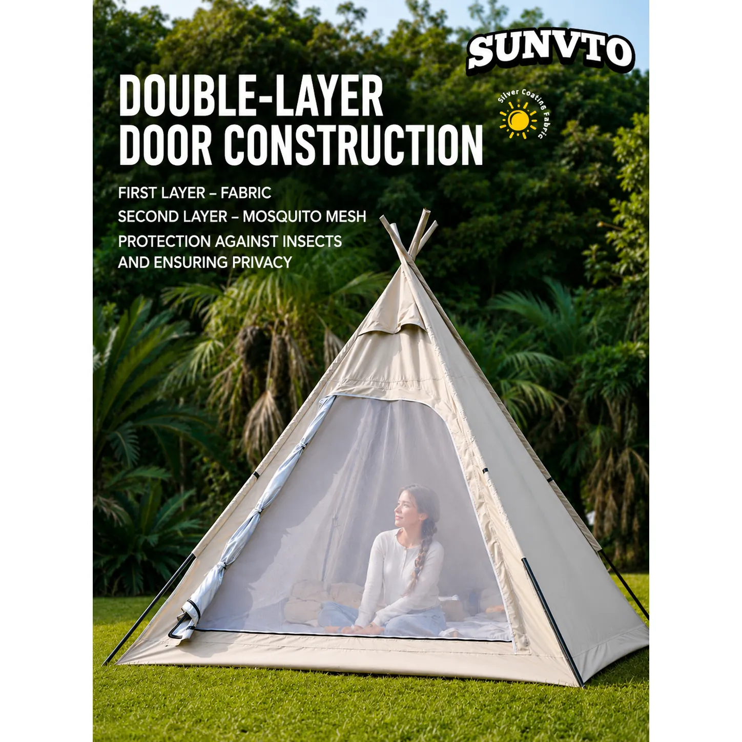 3-4 Person Outdoor Sun & Rain Proof Pyramid Tent, Multi-Functional Indian Teepee Tent with Oxford Fabric - 图片 5