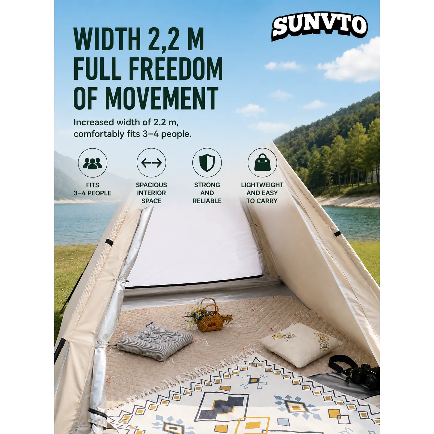 3-4 Person Outdoor Sun & Rain Proof Pyramid Tent, Multi-Functional Indian Teepee Tent with Oxford Fabric - 图片 3